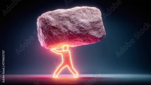 A stylized figure in neon light struggles to lift a large, textured rock