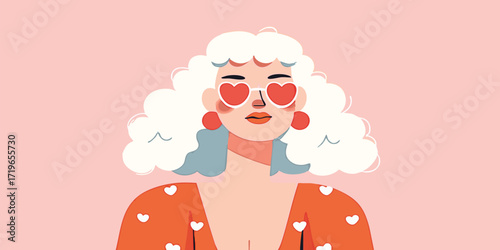 A stylish woman, adorned with heart-shaped sunglasses and chic hairstyle against a backdrop of warm pink.