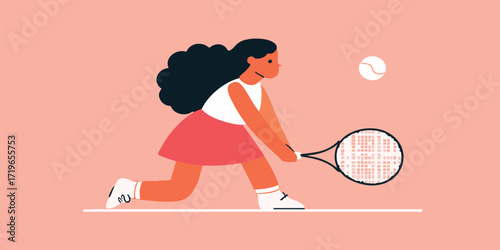 A dynamic illustration showcases a young female tennis player in action, her gaze fixed on the ball as she executes a powerful swing. The artwork evokes a sense of energy, athleticism.