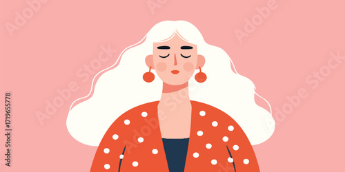 A stylish young woman with flowing silver hair and vibrant attire, exudes an aura of serenity and thoughtful contemplation. This illustration captures a sense of inner peace and fashionable flair.