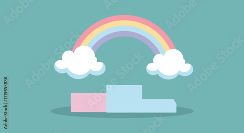 Bright rainbow arching over podium with fluffy clouds symbolizing success and achievement isolated on white background