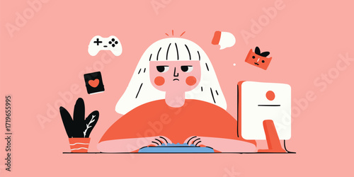 A determined gamer girl with vibrant visuals and lively expressions. Illustrated with clean lines and bold colors, this image captures a modern and relatable atmosphere with joy.