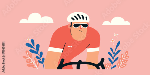 A determined cyclist rides, embodying the spirit of sport and adventure. Captured in an eye-catching flat design, the artwork radiates with energy and an active lifestyle.