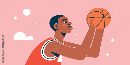 A determined basketball player, embodying focus and skill, is captured in a dynamic illustration, poised to make a shot, under a starry sky.