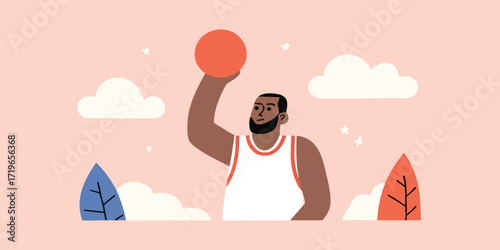 A basketball player prepares to shoot the ball against a soft, warm backdrop filled with whimsical clouds and foliage.