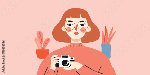 A creative illustrator, capturing a moment of inspiration, with a digital camera and vibrant botanical elements. 