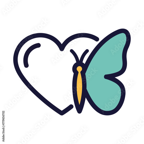 A striking vector icon capturing the beautiful duality of love and evolution, featuring a simple heart outline gracefully merging with a vibrant butterfly wing, an expressive graphic symbol