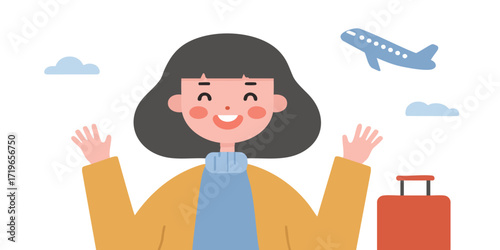 A joyful woman sets off for her travel with a suitcase and a plane, embracing the joy of a trip, with clear skies.