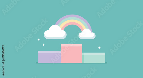 Pastel rainbow and clouds above podium symbolizing success and achievement with gentle gradients isolated on white background