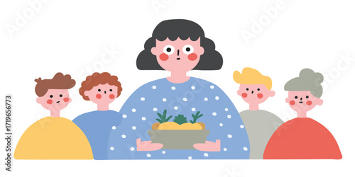 A heartwarming illustration of a group of individuals gathered around a person holding a bowl of healthy food, promoting health, wellness, and community in this cheerful depiction.