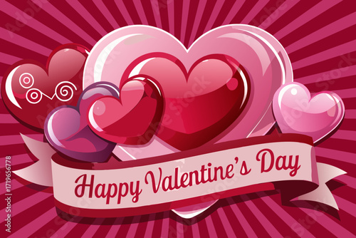 A cluster of glossy hearts with a happy valentines day banner on a pink striped background love romance