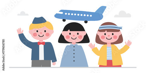 Cheerful airline staff and passengers embark on a journey of adventure with an illustrated aeroplane soaring overhead, evoking the excitement of travel and exploration.