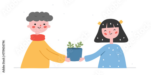 A heartwarming illustration depicts a tender moment of giving, with a character gifting a plant to another, symbolizing growth and care.