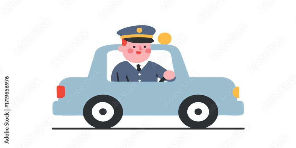 Fototapeta premium A cartoon depicts a friendly police officer driving a light blue police car, symbolizing safety, service, and community protection.