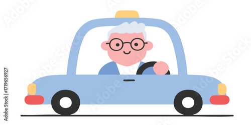 A friendly senior confidently navigates the open road, symbolizing independence and safe mobility in this charming and cartoonish portrayal.