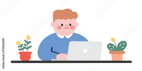 A diligent person works from home with a laptop, surrounded by potted plants, embodying the spirit of remote work.