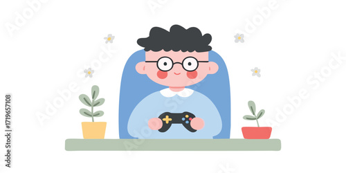 A cartoon illustration depicts a child deeply engrossed in playing a game with a game controller, surrounded by potted plants, representing the leisure, recreation, and the joy of childhood.