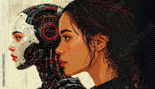 Woman and robot standing side by side, Pixel art illustration, looking in the same direction, symbolizing human AI collaboration and futuristic teamwork