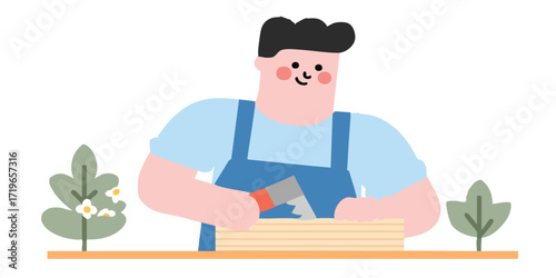 A skilled carpenter meticulously works on a wood plank, expertly shaping the material. The scene showcases the artisan's focus and dedication to the craft.