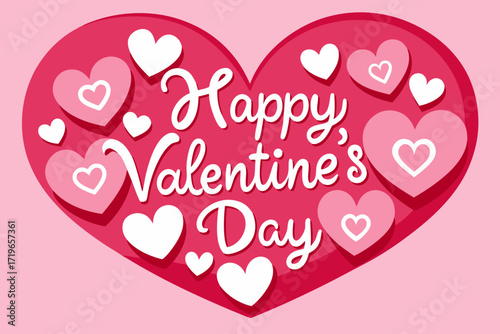 Happy Valentine's Day text with pink and white hearts on a pink background love