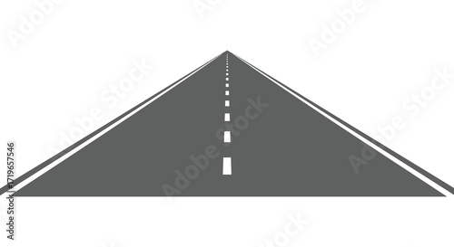 Perspective view of a gray asphalt road with white dashed lane markers and white directional arrows isolated on white background
