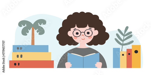 An illustration of a woman immersed in reading with books in a tranquil setting.