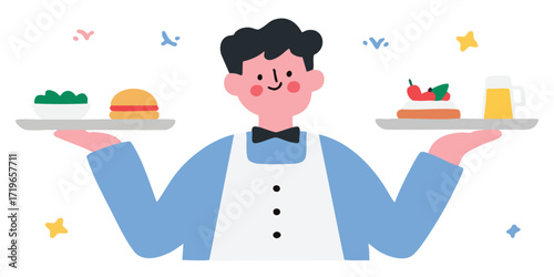 An illustration of a friendly waiter with a tray of delicious food and beer. This image is perfect for menus or food advertisements.