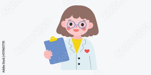 A kind and reassuring female doctor, wearing glasses and a lab coat, holds a clipboard with a compassionate smile, epitomizing healthcare and care in a friendly illustration.