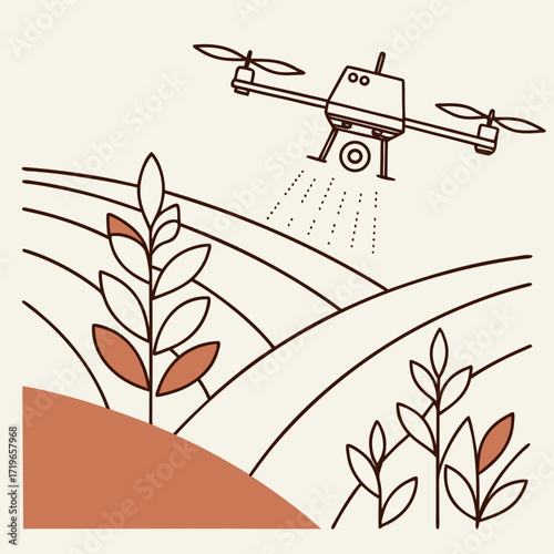 Vector design of farmer drone spraying crops in minimal abstract style