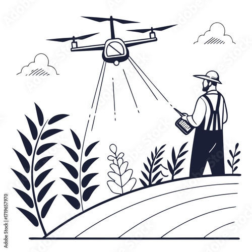 Vector design of farmer drone spraying crops in minimal abstract style