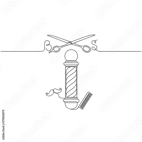 Single-line barbershop icons — pole, scissors, comb, mustache in black on white for signage or branding
