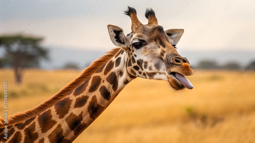 Fototapeta premium A funny close-up portrait of a giraffe sticking its tongue out playfully, captured in the savannah with a blurred natural background, ultra-detailed and vibrant