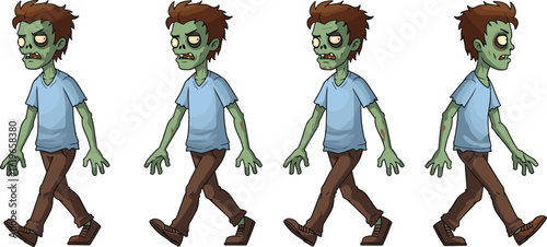 Cartoon zombie character walking animation sequence, green skin undead monster illustration, spooky Halloween design, creepy horror mascot, scary game asset, funny undead artwork, vector clipart