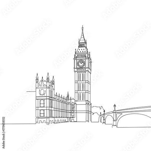 The iconic minimalist black drawing of Big Ben on a transparent background represents travel, British heritage, and time.