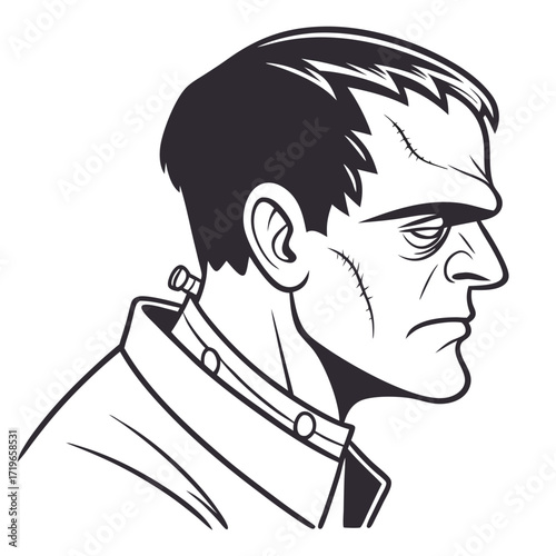 Black and White Profile of Frankenstein's Monster Head