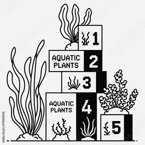 Monochrome Aquatic Plant Variety on Numbered Cubes
