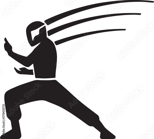 Dynamic silhouette of a martial artist in a fighting stance with motion lines indicating speed and agility silhouette isolated on white background isolated on transparent background