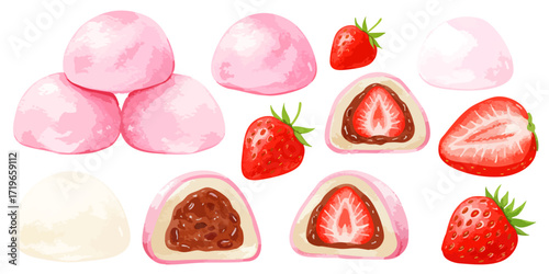 いちご大福と苺のイラストセット｜和菓子・スイーツ・春の食べ物素材
