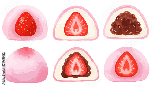 いちご大福と苺の断面のイラストセット｜和菓子・スイーツ・春の食べ物素材