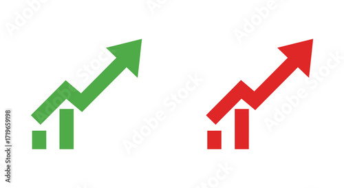 Green and red upward trend arrows representing financial growth and loss isolated on white background