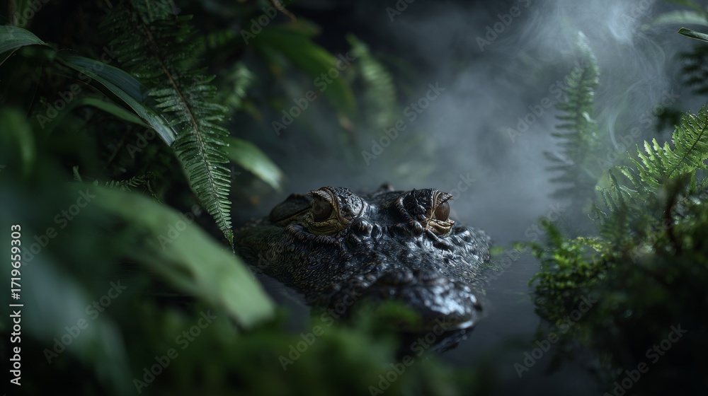 Fototapeta premium Rainforest River with Caiman Partially Submerged, Eyes Peering Above Water