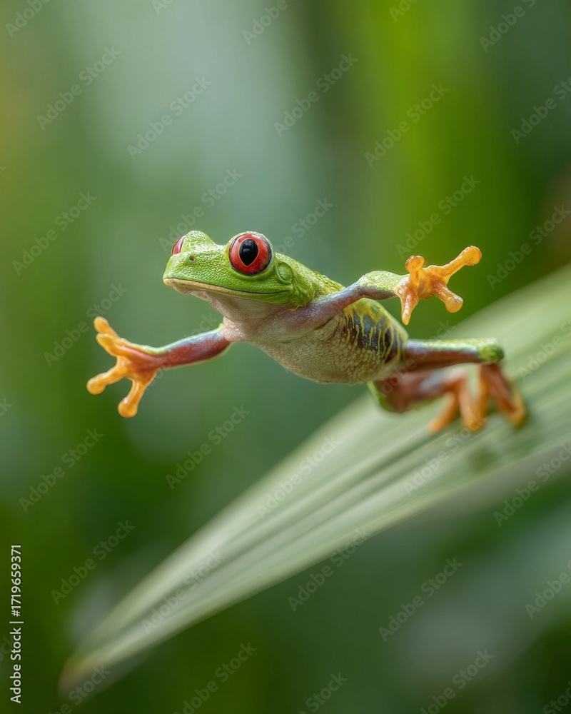 Obraz premium Red-Eyed Tree Frog Leaping from Leaf Captured Mid-Air in Rainforest Scene