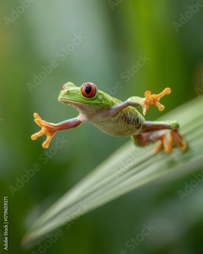 Red-Eyed Tree Frog Leaping from Leaf Captured Mid-Air in Rainforest Scene