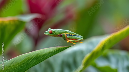 Red-Eyed Tree Frog Leaping from Leaf Captured Mid-Air in Rainforest Scene