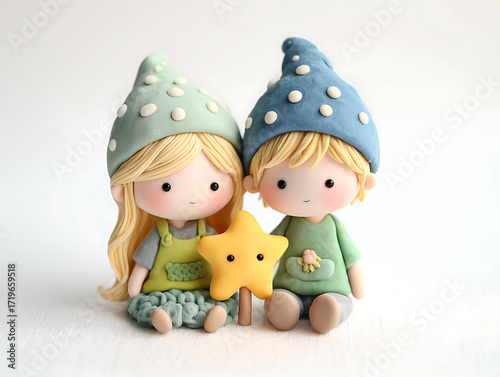 Charming Clay Figurines: A Boy and Girl Gnome with a Star, Adorable and Whimsical