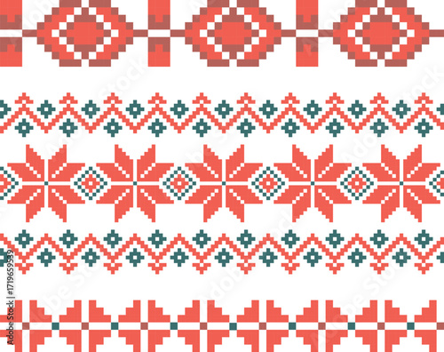Illustration of traditional Belarusian Polesie ornament in red and green colors. Pixel style, embroidery patterns, ethnic design.