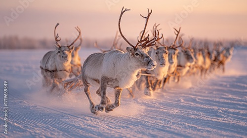 Reindeer Pulling Sled Across Snowy Tundra in Traditional Arctic Landscape