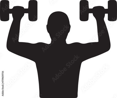 Silhouette of a muscular person lifting two dumbbells overhead during a strength training workout isolated on white background isolated on transparent background