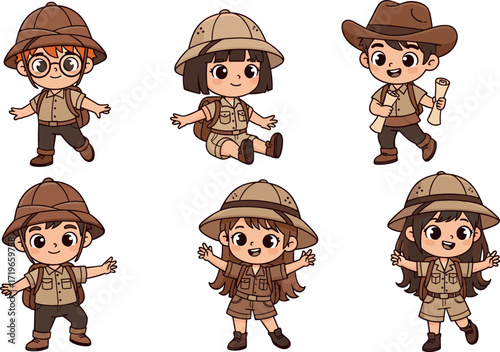 Cartoon children explorers in safari outfits with map, boots, hats, adventure gear, cute animated style for nature and travel themes