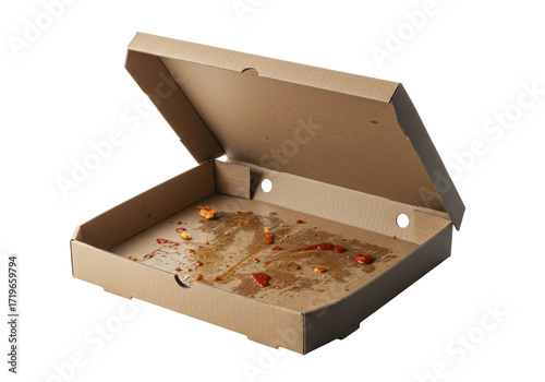 An open, empty cardboard pizza box showing prominent grease, crumbs, and tomato sauce residue on its unbleached interior, against a transparent background with copy space, Concept of post-consumption